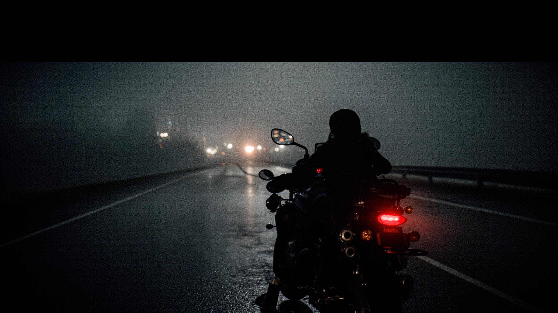 Lone rider on a foggy night road